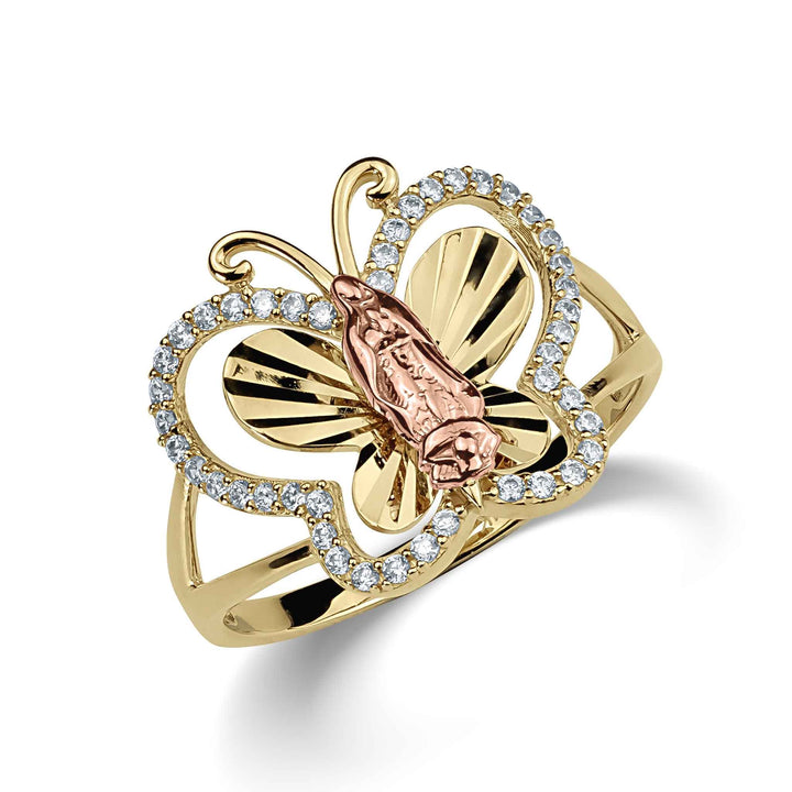 14k gold Leir Virgin Mary Guadalupe butterfly ring with cubic zirconia stones.
