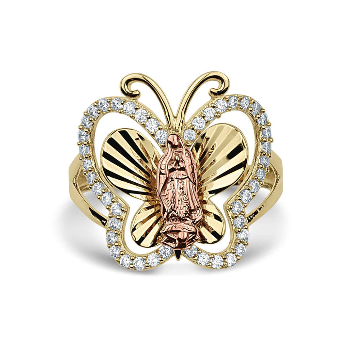 14k gold Leir Virgin Mary Guadalupe butterfly ring with cubic zirconia stones.