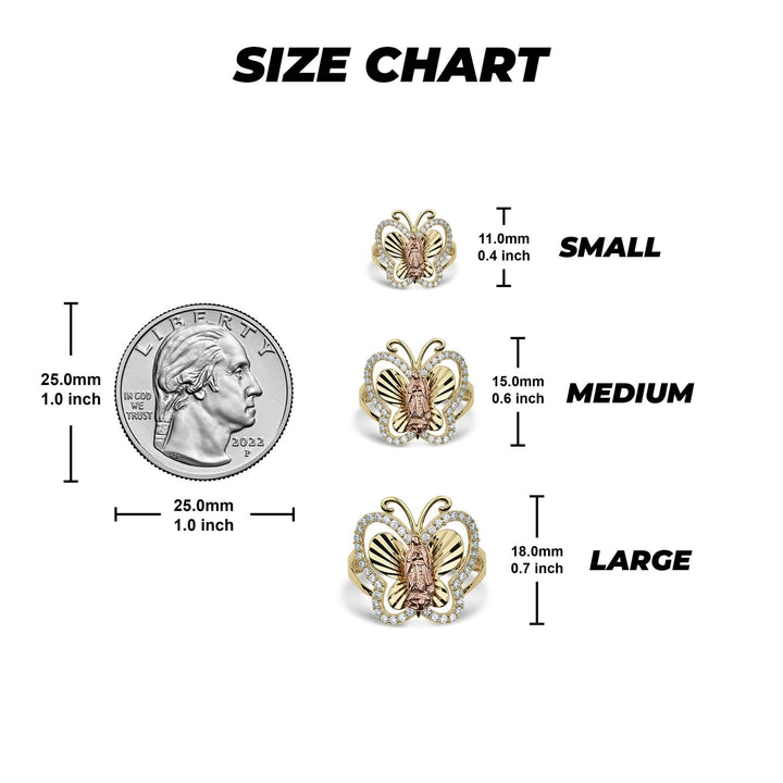 Gold Leir Virgin Mary butterfly ring dimensions size chart next to a quarter.