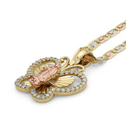A gold and rose gold pendant necklace featuring a religious design on a chain.