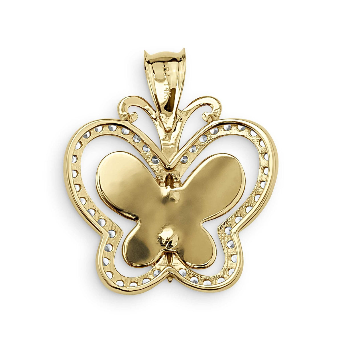 10k and 14k yellow gold butterfly pendant featuring a polished design and cubic zirconia accents.