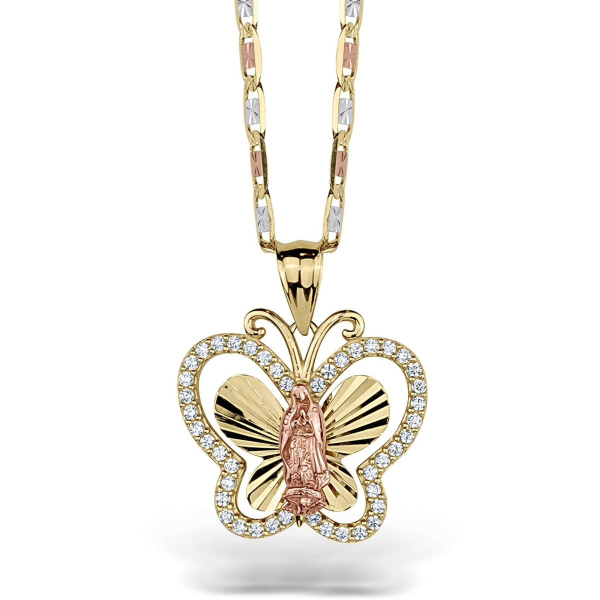 A gold butterfly pendant necklace with pavé stones on a white background.