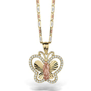 Front view of a tricolor gold Virgin Mary butterfly pendant necklace on a white background.