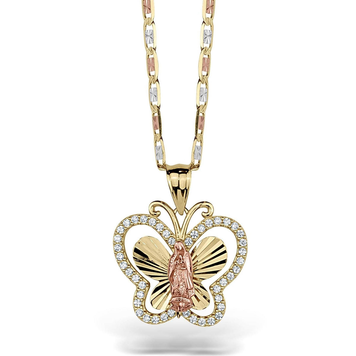 Front view of a tricolor gold Virgin Mary butterfly pendant necklace on a white background.