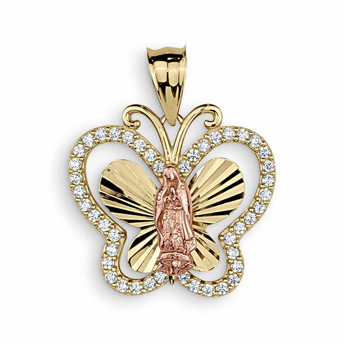 Detailed view of a tricolor gold Guadalupe butterfly charm set with clear cubic zirconia.