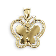 Back view of a gold Virgin Mary Guadalupe butterfly CZ pendant on white background.