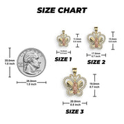 Size chart showing three Virgin Mary butterfly pendants beside a U.S. quarter for scale.