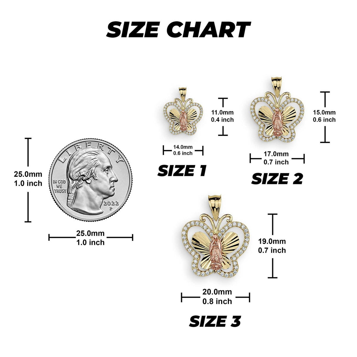 Size chart showing three Virgin Mary butterfly pendants beside a U.S. quarter for scale.