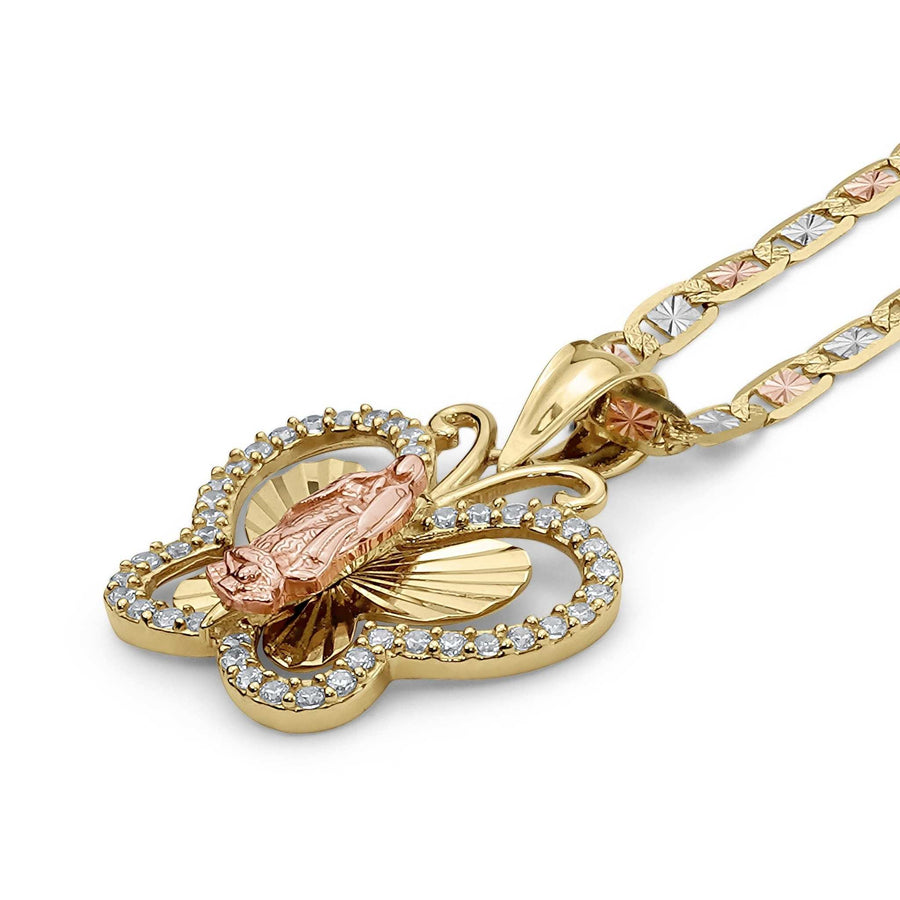 Gold and rose gold Virgin Mary butterfly CZ pendant necklace on white background.