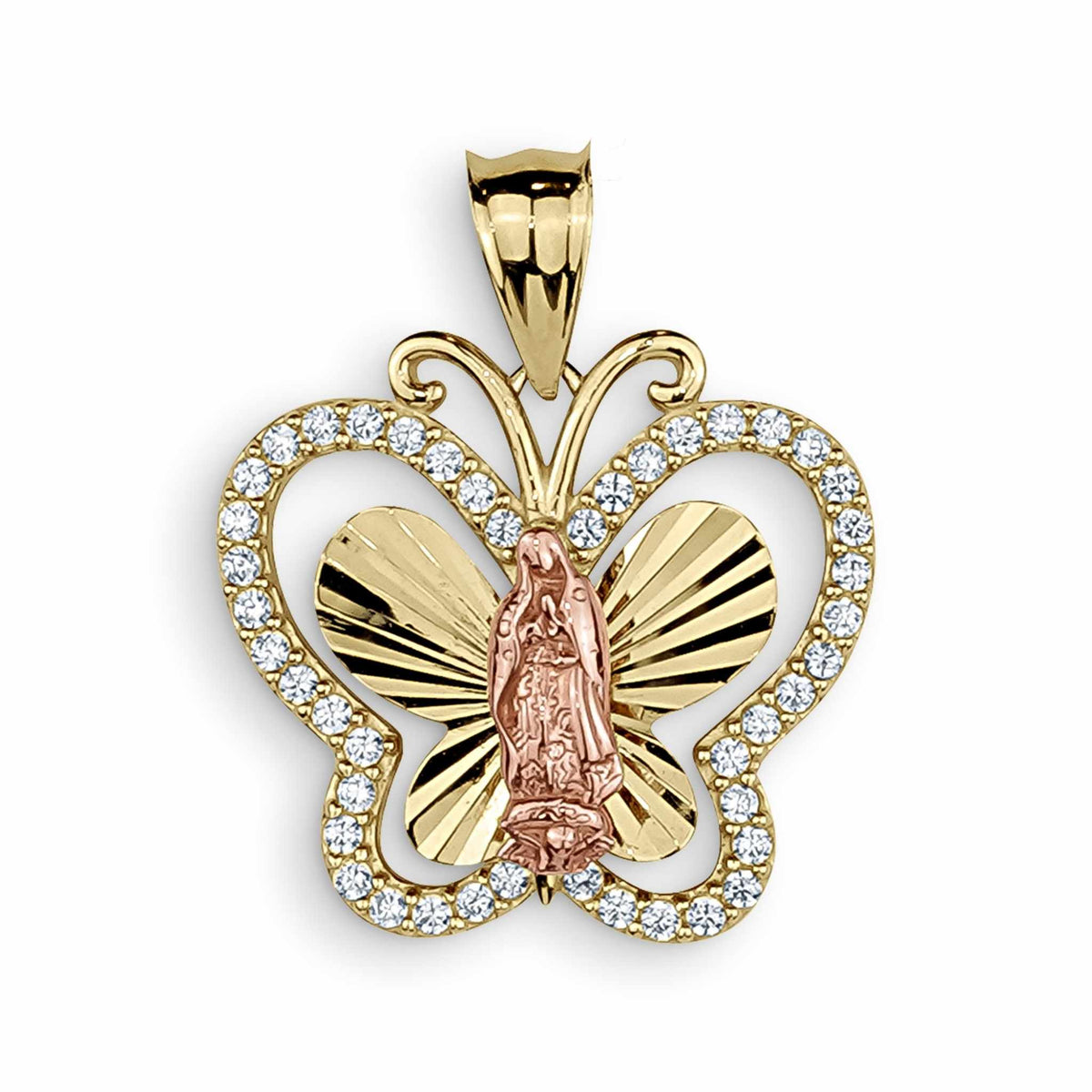 A yellow gold butterfly-shaped pendant featuring a rose-gold-toned religious figure and cubic zirconia.