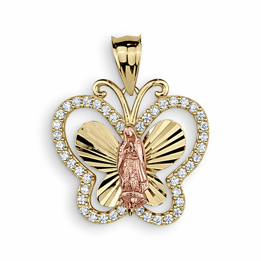 A yellow gold butterfly-shaped pendant featuring a rose-gold-toned religious figure and cubic zirconia.