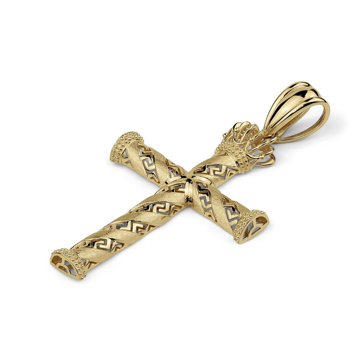 Gold cross pendant with Greek key pattern and crown detail resting horizontally.