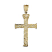 Gold cross pendant with crown top and Greek key pattern on white background.