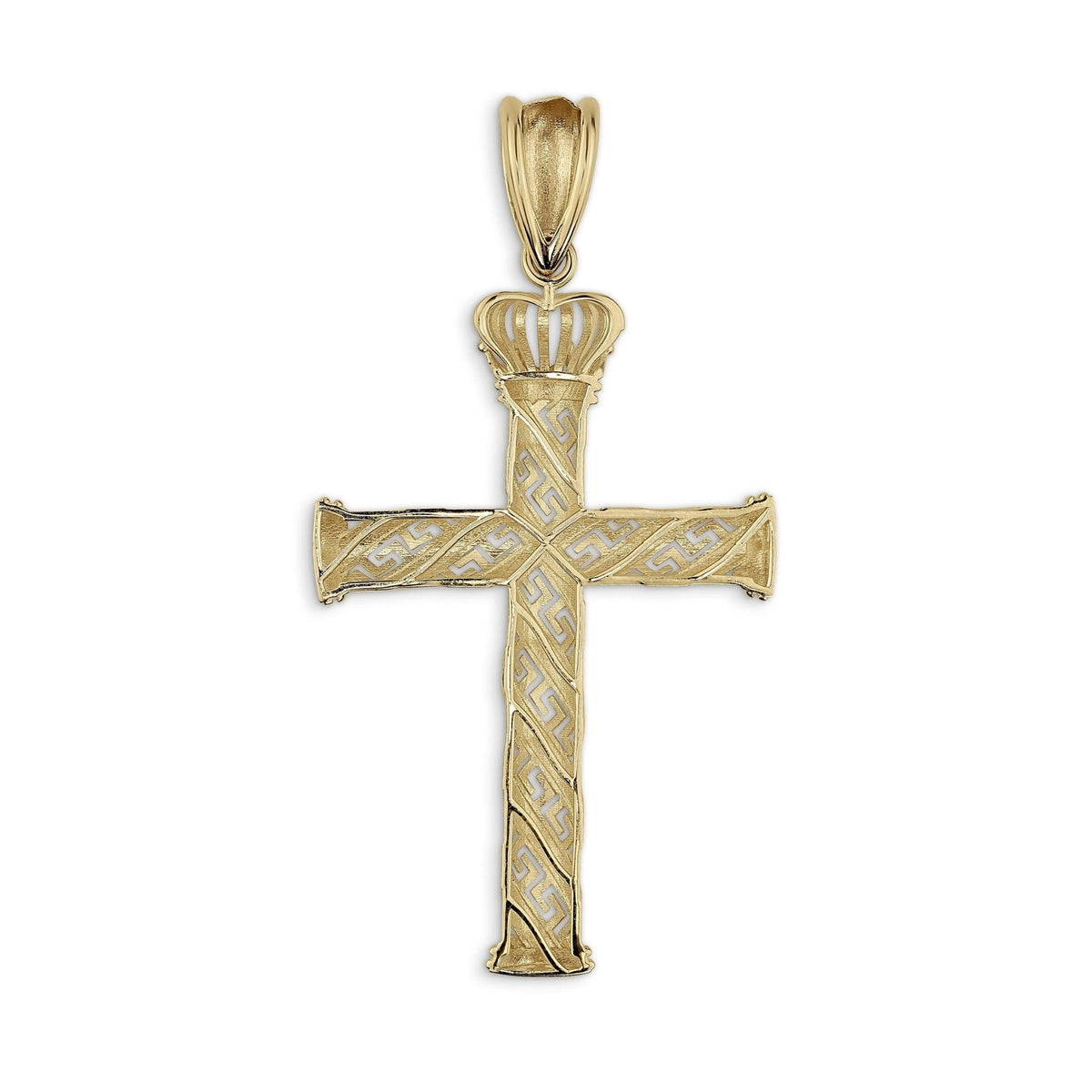 Gold cross pendant with crown top and Greek key pattern on white background.