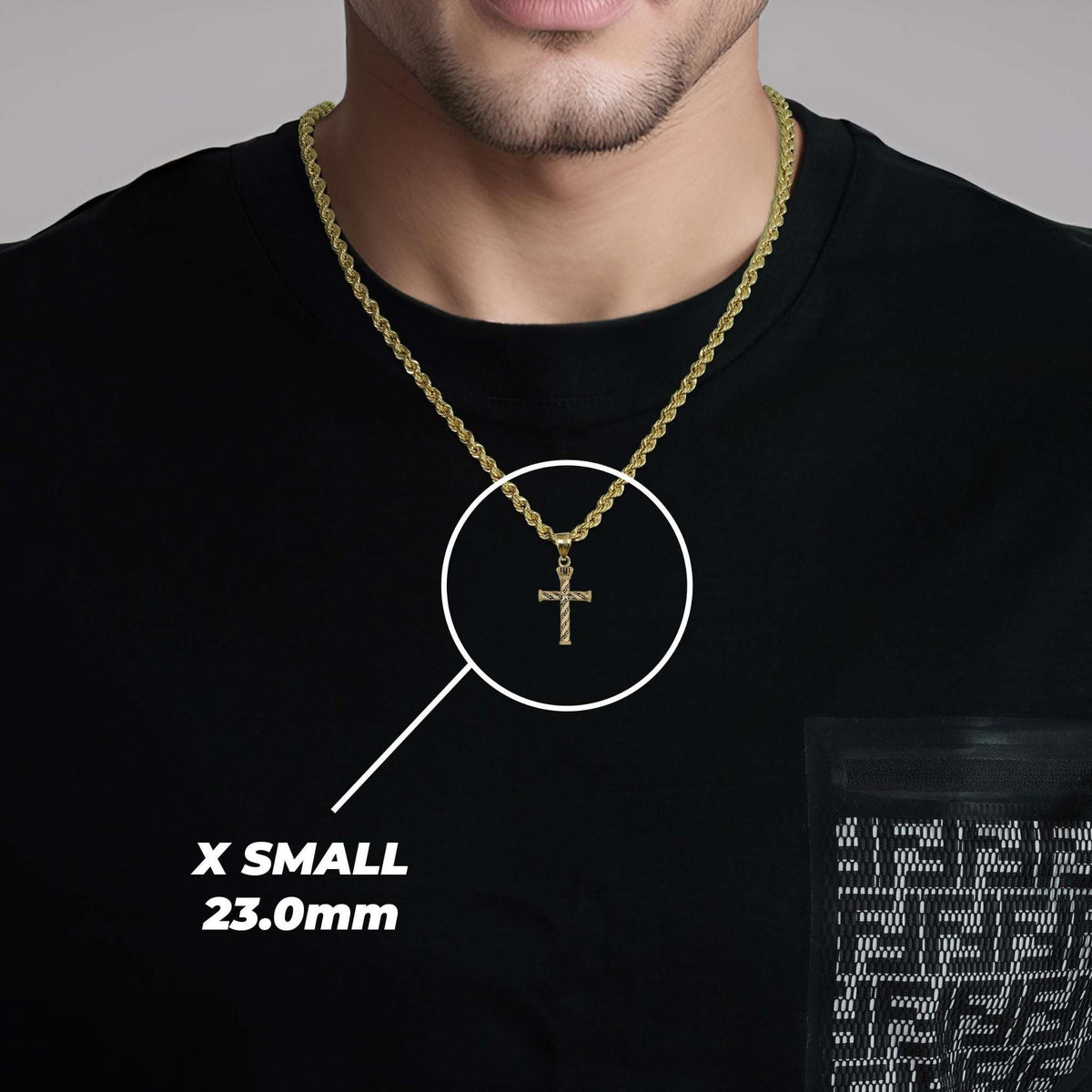 Man wearing gold cross necklace with highlight indicating X Small 23.0mm size.