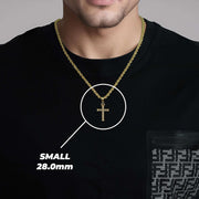 Man wearing gold cross necklace with highlight indicating Small 28.0mm size.