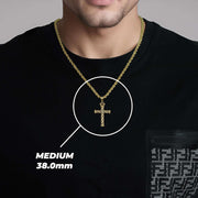 Man wearing gold cross necklace with highlight indicating Medium 38.0mm size.