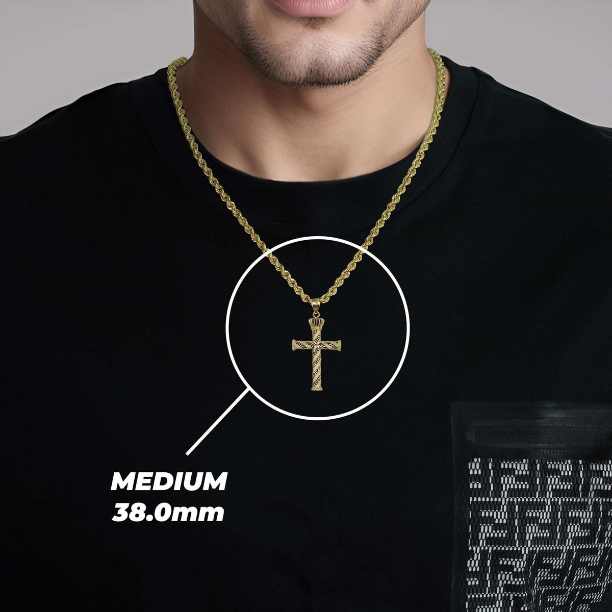 Man wearing gold cross necklace with highlight indicating Medium 38.0mm size.
