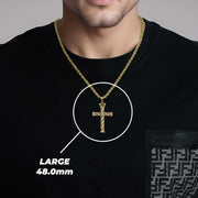 Man wearing gold cross necklace with highlight indicating Large 48.0mm size.
