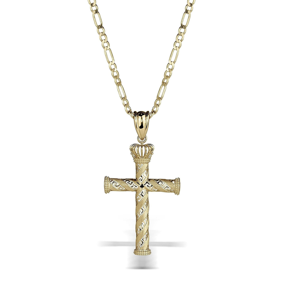 Gold cross pendant with crown detail and Greek key pattern on a Figaro chain.