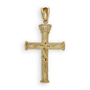 A gold cross pendant displaying intricate Greek key patterns and a crown motif on the back.