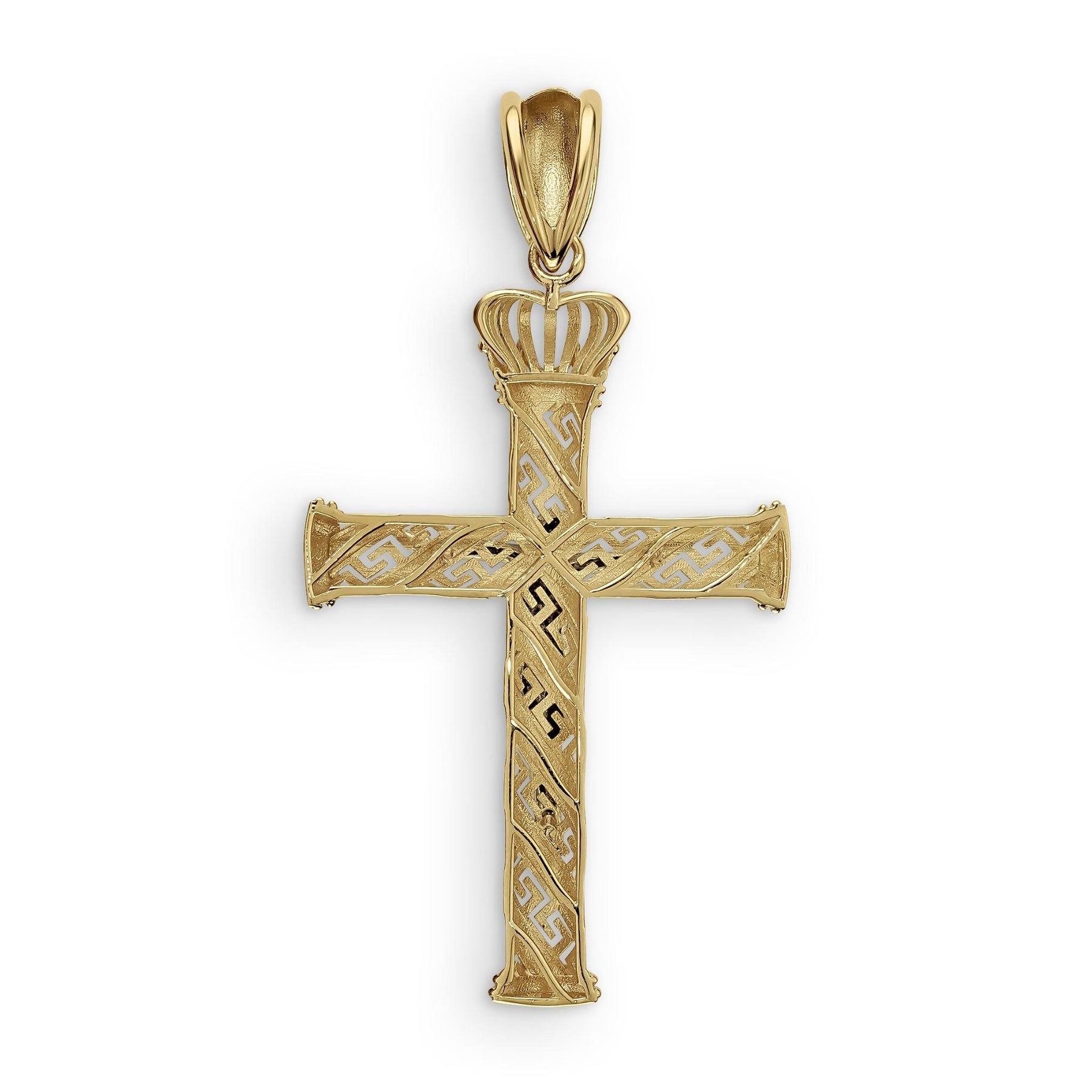 A gold cross pendant displaying intricate Greek key patterns and a crown motif on the back.