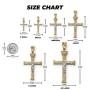 Size chart graphic displaying measurements for six crucifix pendant sizes with a quarter coin.