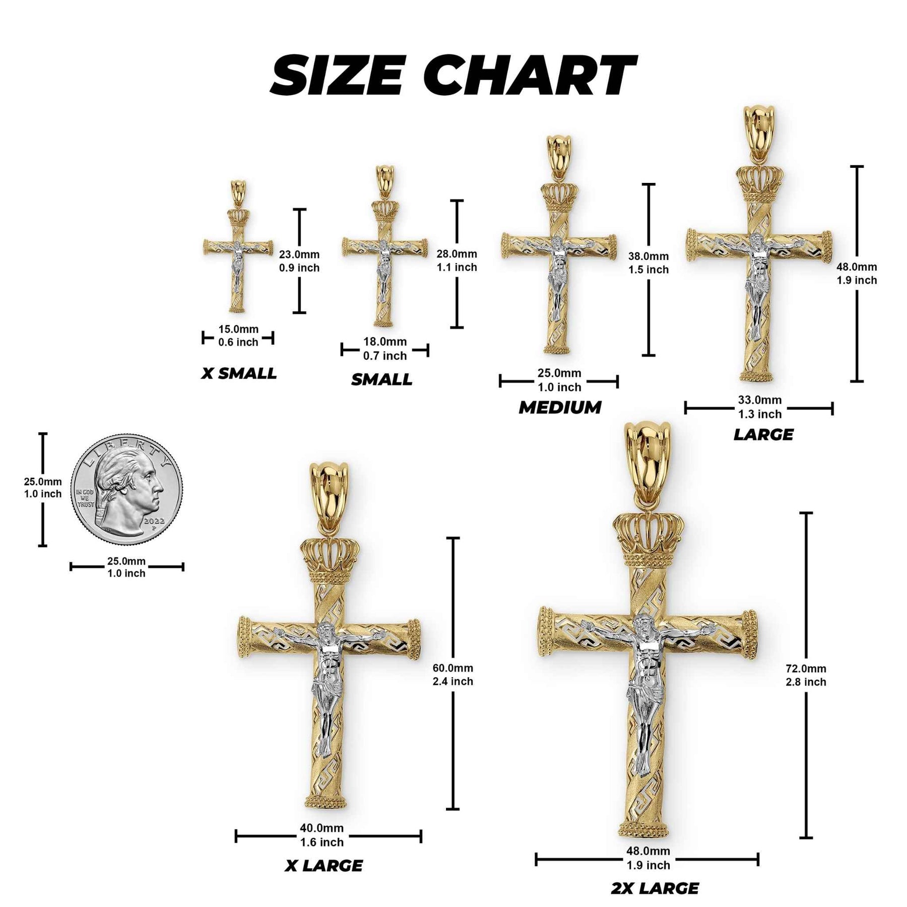 Size chart graphic displaying measurements for six crucifix pendant sizes with a quarter coin.