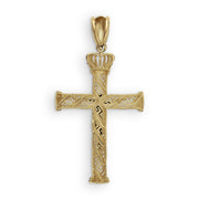 Back view of a gold crowned cross pendant featuring Greek key engravings.