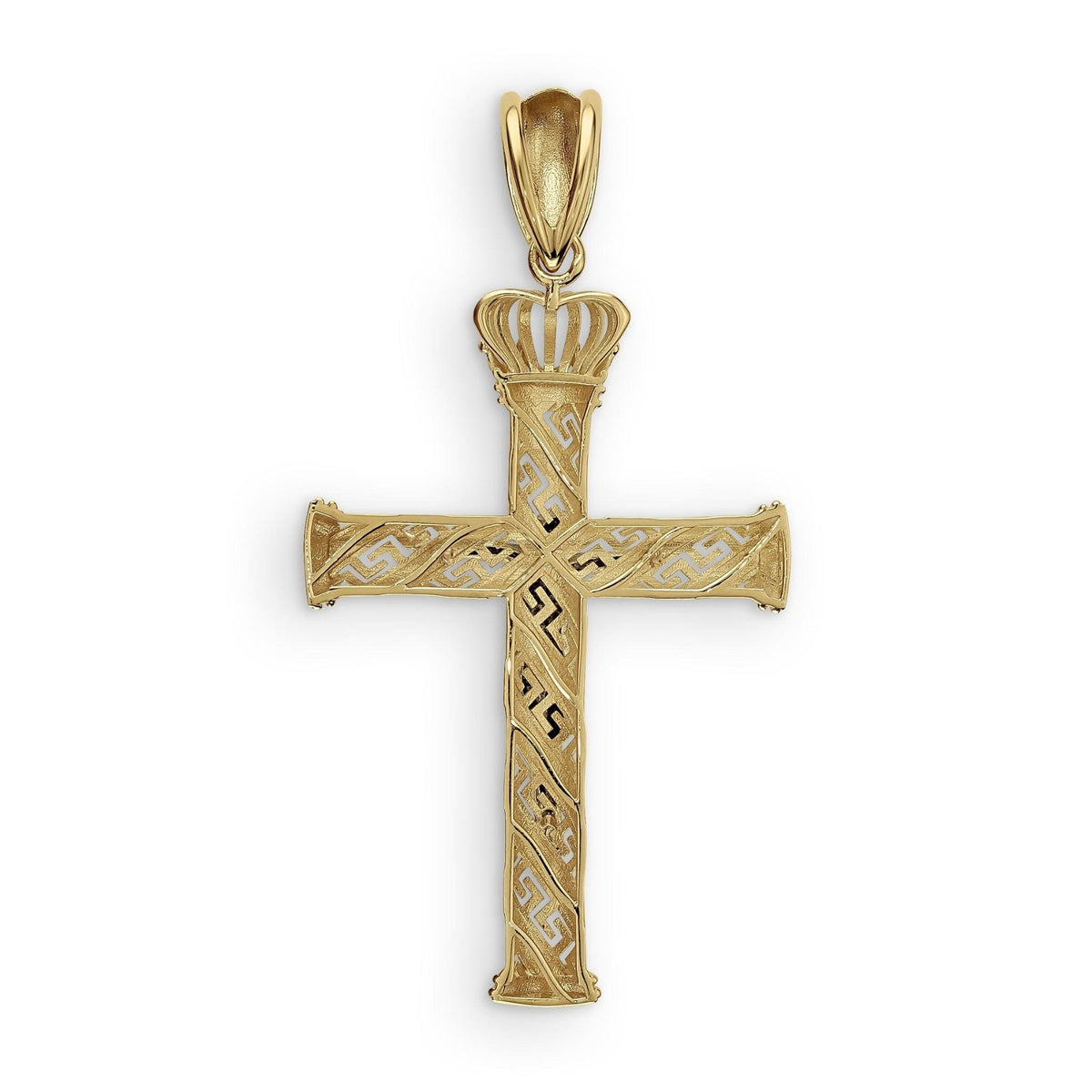 Back view of a gold crowned cross pendant featuring Greek key engravings.