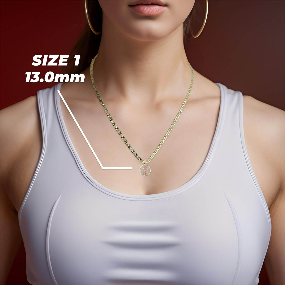 A close-up of a woman wearing a Size 1 13.0mm gold pendant necklace.