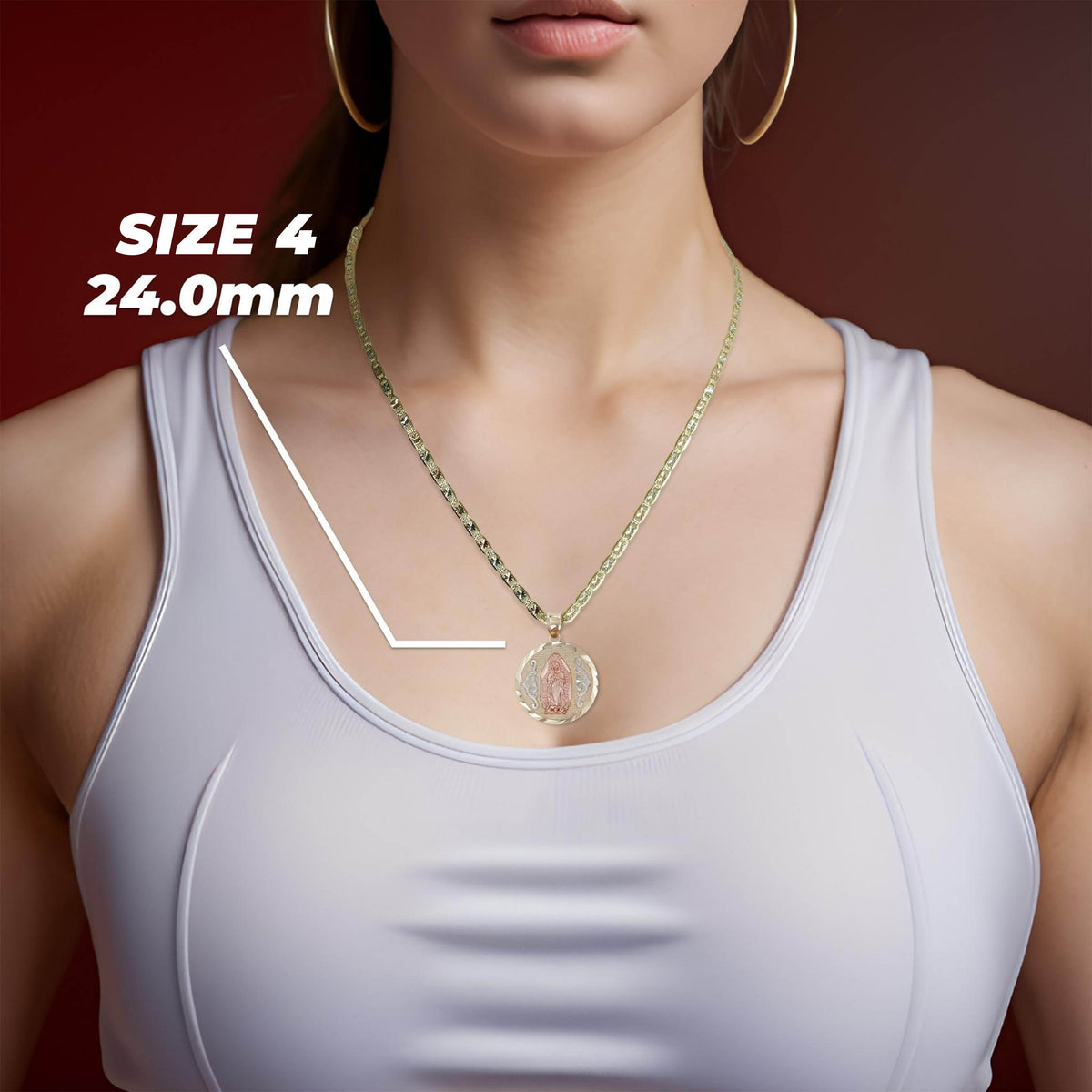 Woman wearing a Size 4 24.0mm tri-color gold Virgin Mary pendant necklace.