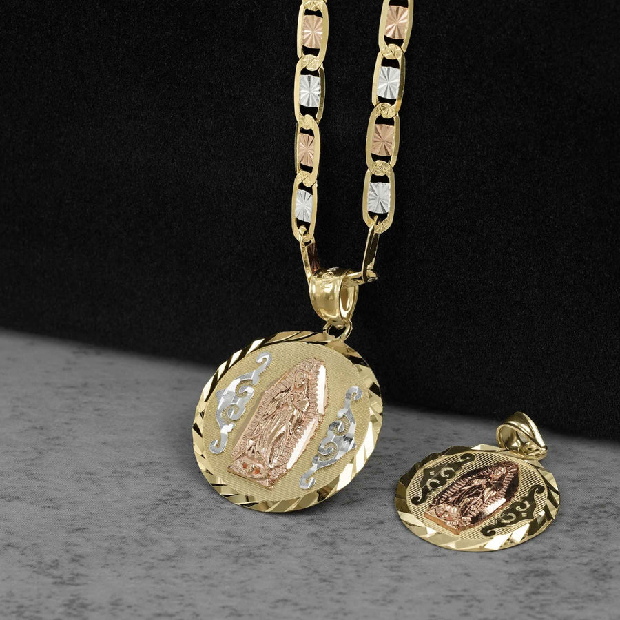 Tri-color gold Virgin Mary pendant necklace shown alongside a smaller detached view on a textured surface.