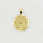 Back view of two-tone gold Virgin Mary Lady of Guadalupe round pendant.