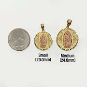 Size chart comparing two two-tone gold Virgin Mary Lady of Guadalupe round pendants with a coin scale.