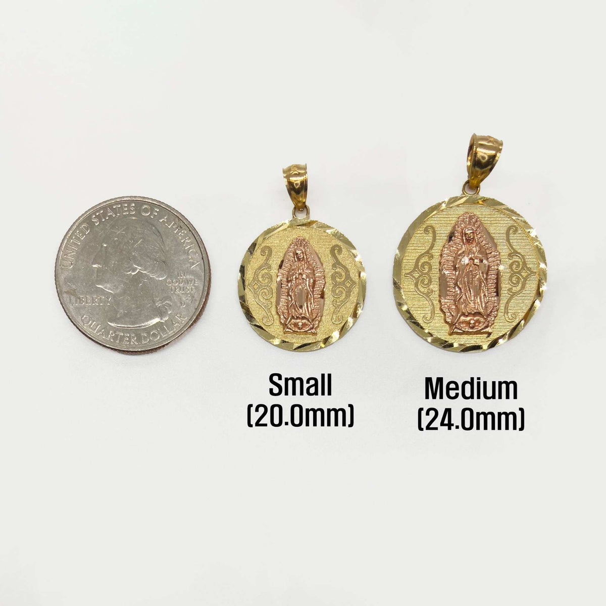 Size chart comparing two two-tone gold Virgin Mary Lady of Guadalupe round pendants with a coin scale.