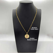 Medium 24.0mm two-tone gold Virgin Mary Lady of Guadalupe round pendant on 3.5mm Figaro chain on display bust.