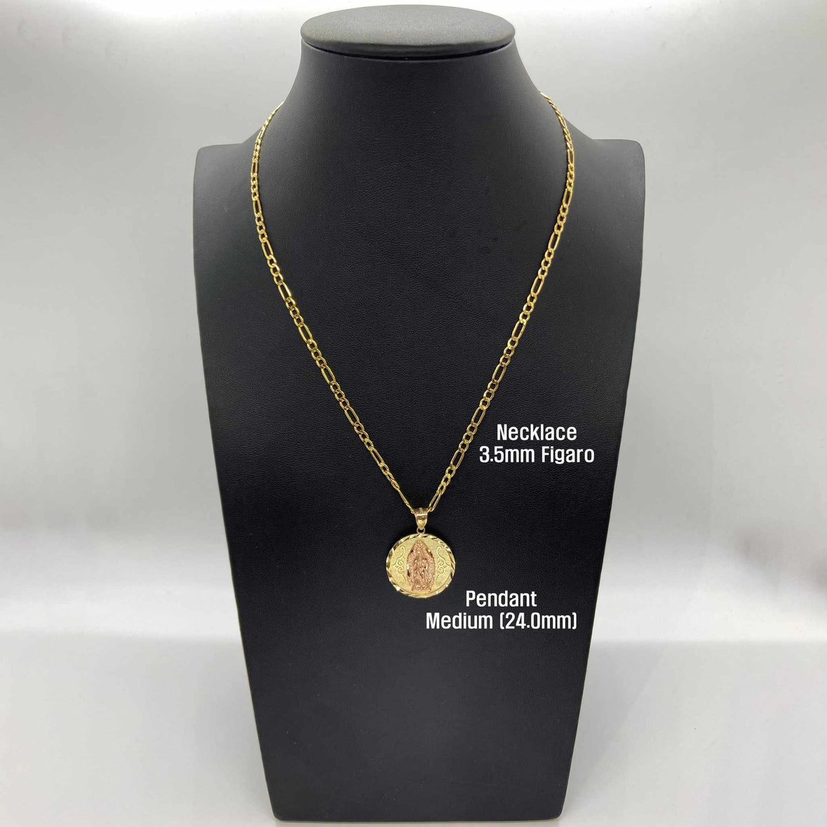 Medium 24.0mm two-tone gold Virgin Mary Lady of Guadalupe round pendant on 3.5mm Figaro chain on display bust.