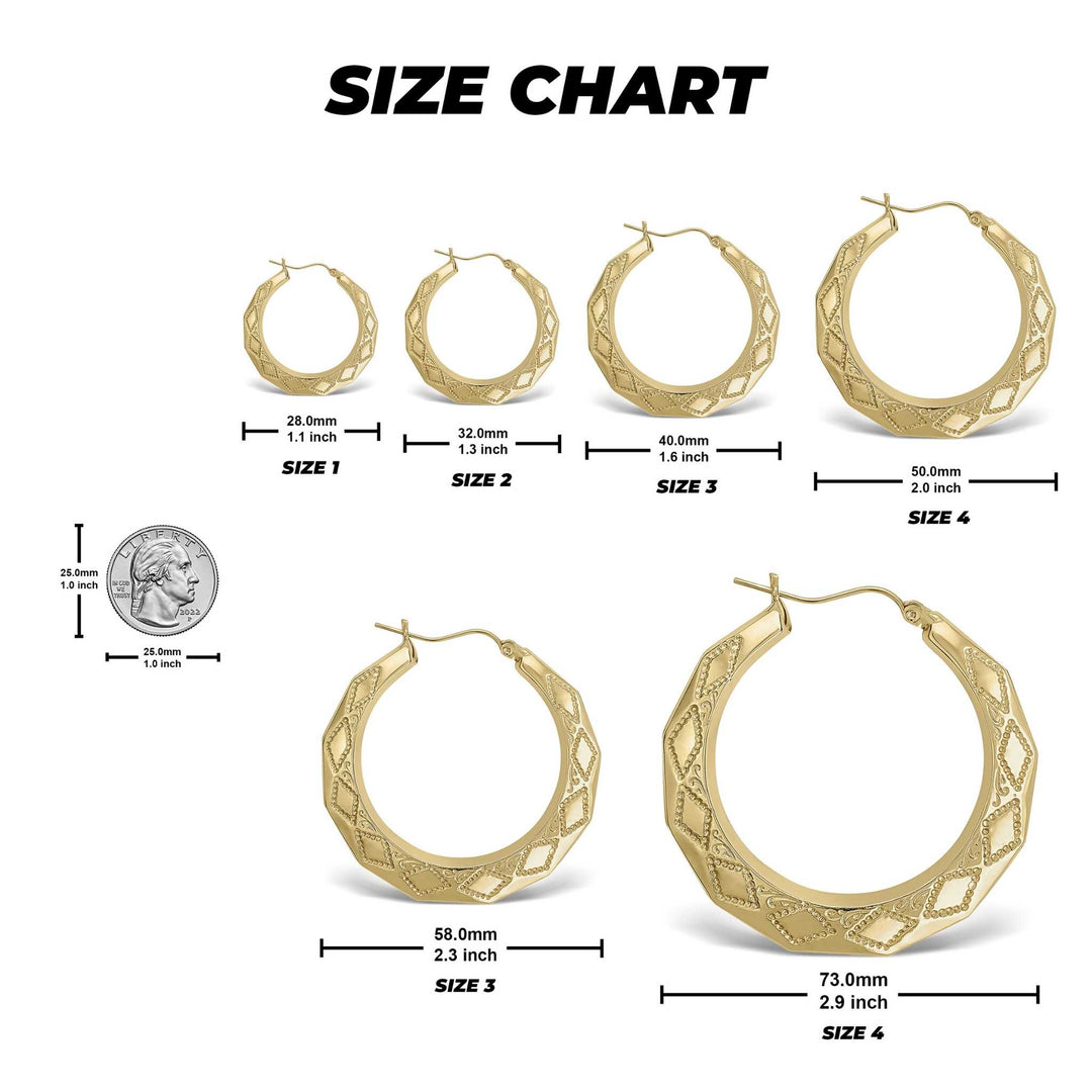 Size chart for gold rhombus hoop earrings showing six sizes and a US quarter.