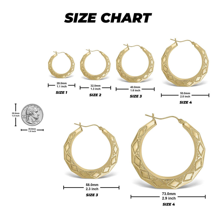 Size chart for gold rhombus hoop earrings showing six sizes and a US quarter.