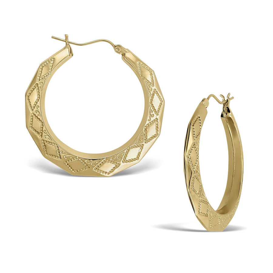 Front and side view of gold hoop earrings with a textured dotted rhombus design.