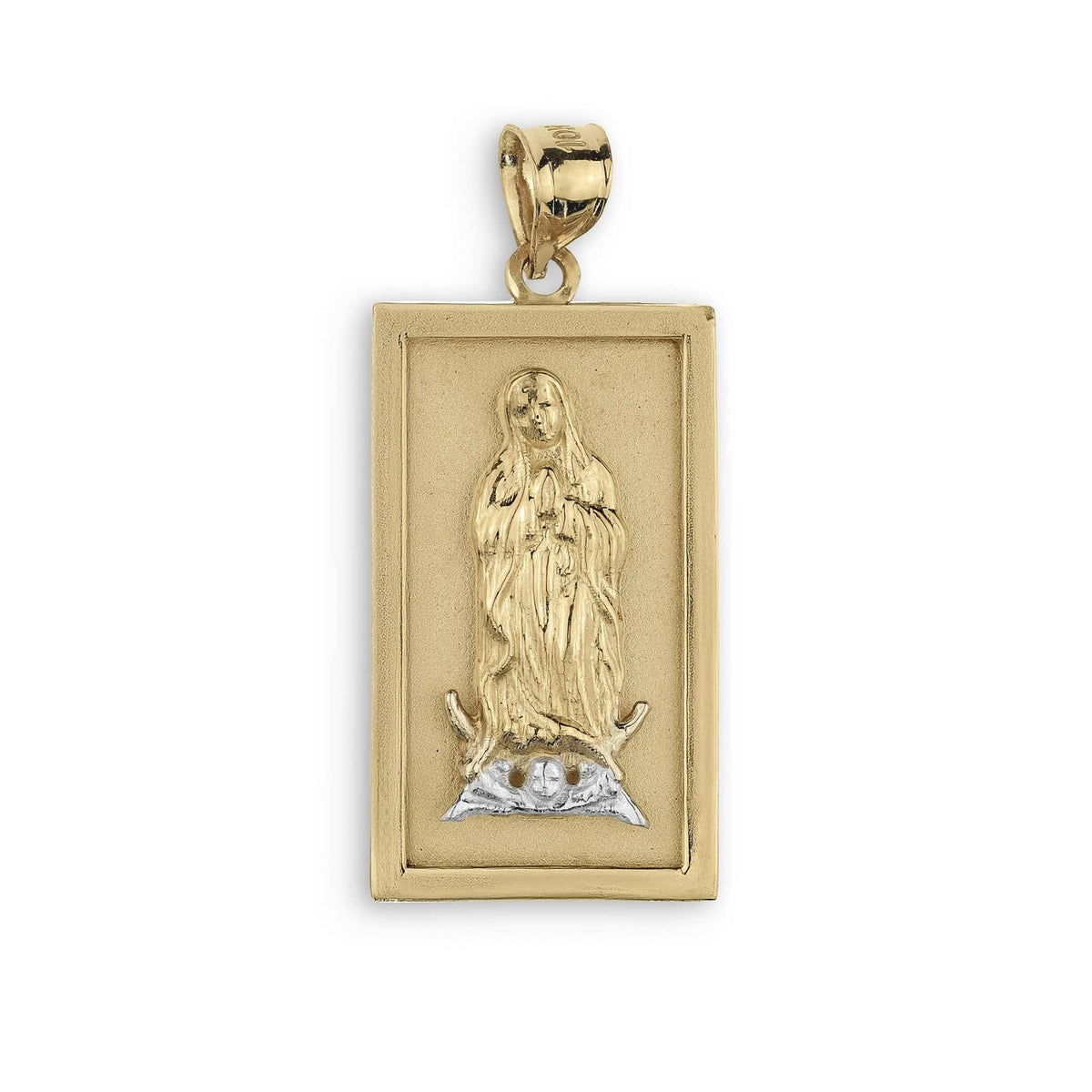 Rectangular two-tone gold Virgin Mary Guadalupe pendant against a white background.