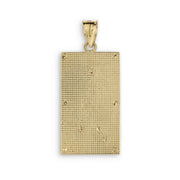 Back view of rectangular gold Virgin Mary pendant showing detailed textured grid finish.