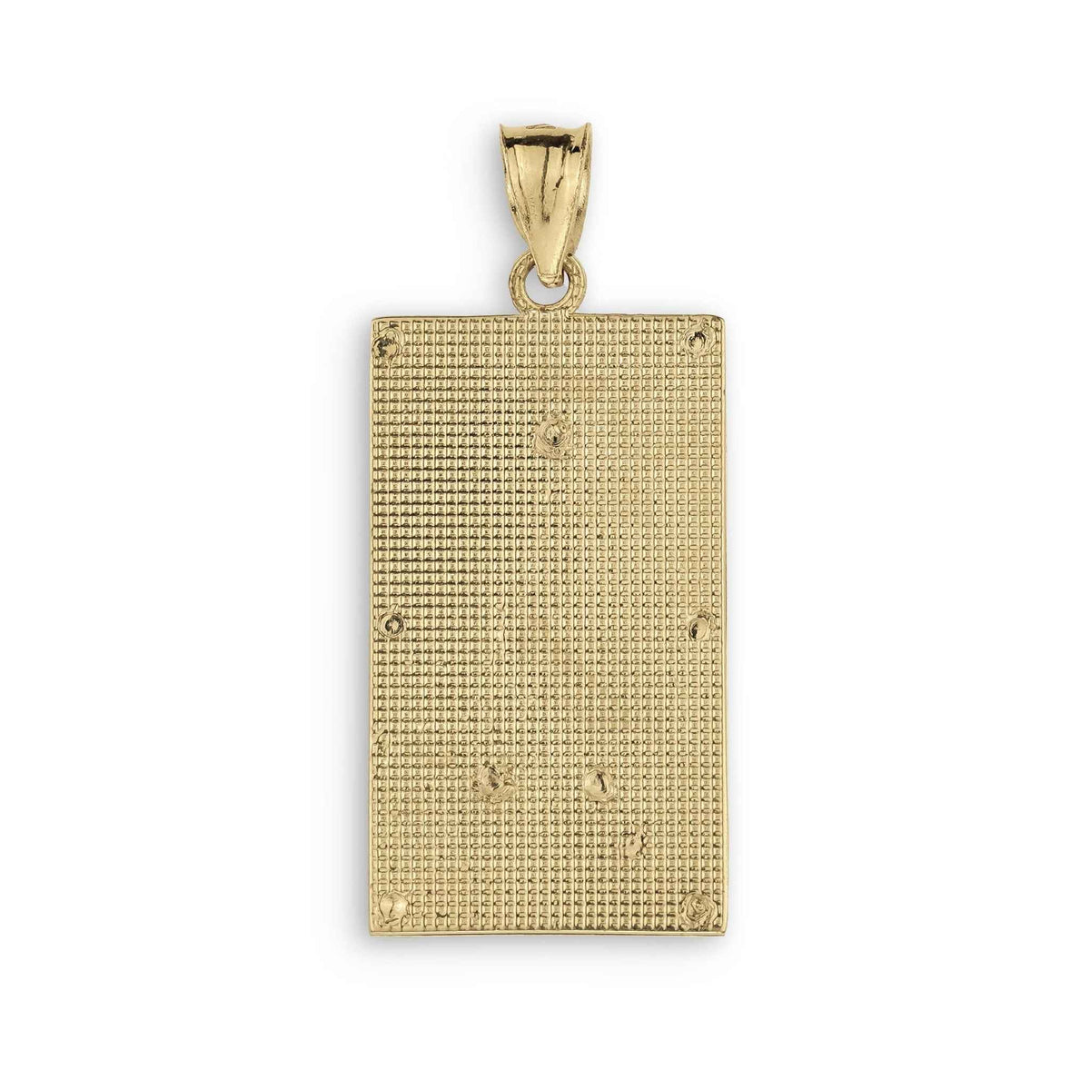Back view of rectangular gold Virgin Mary pendant showing detailed textured grid finish.