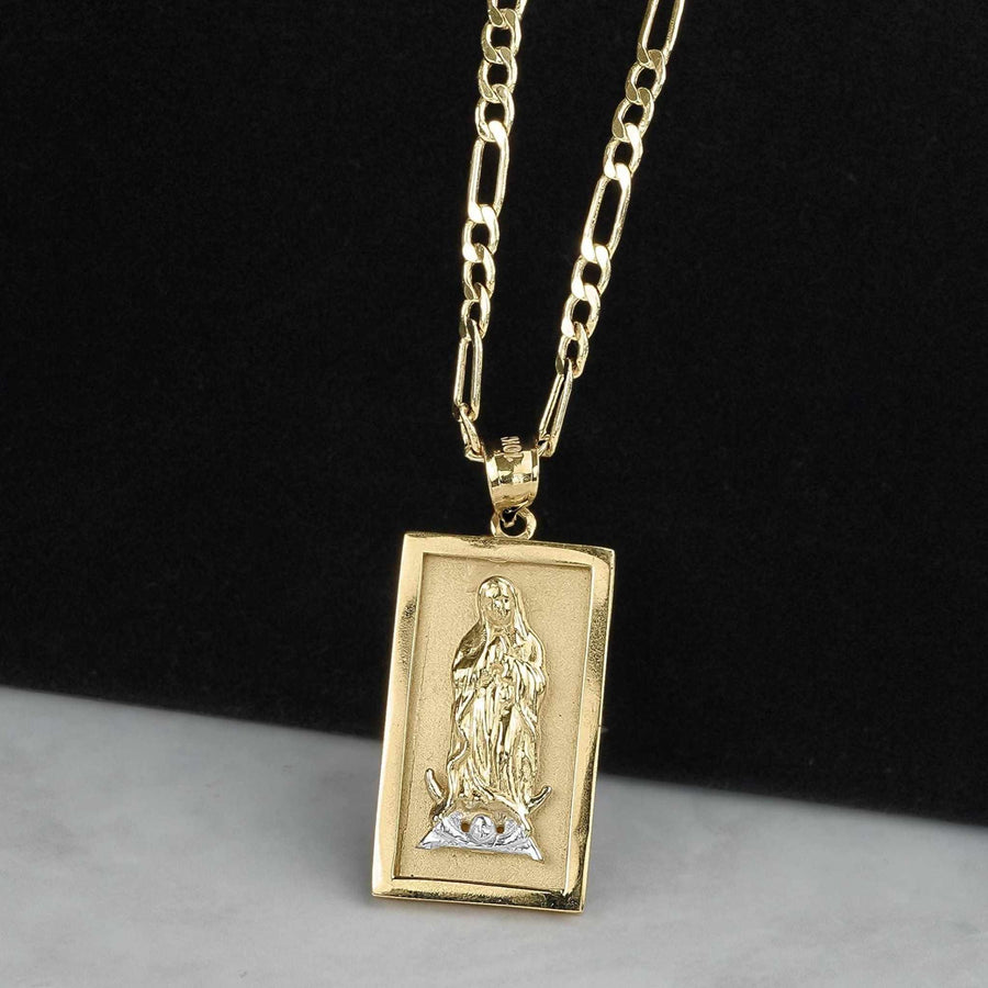 Rectangular two-tone gold Virgin Mary Guadalupe pendant on a classic Figaro chain.