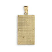 Reverse side of a rectangular gold pendant featuring a textured grid pattern and bail.