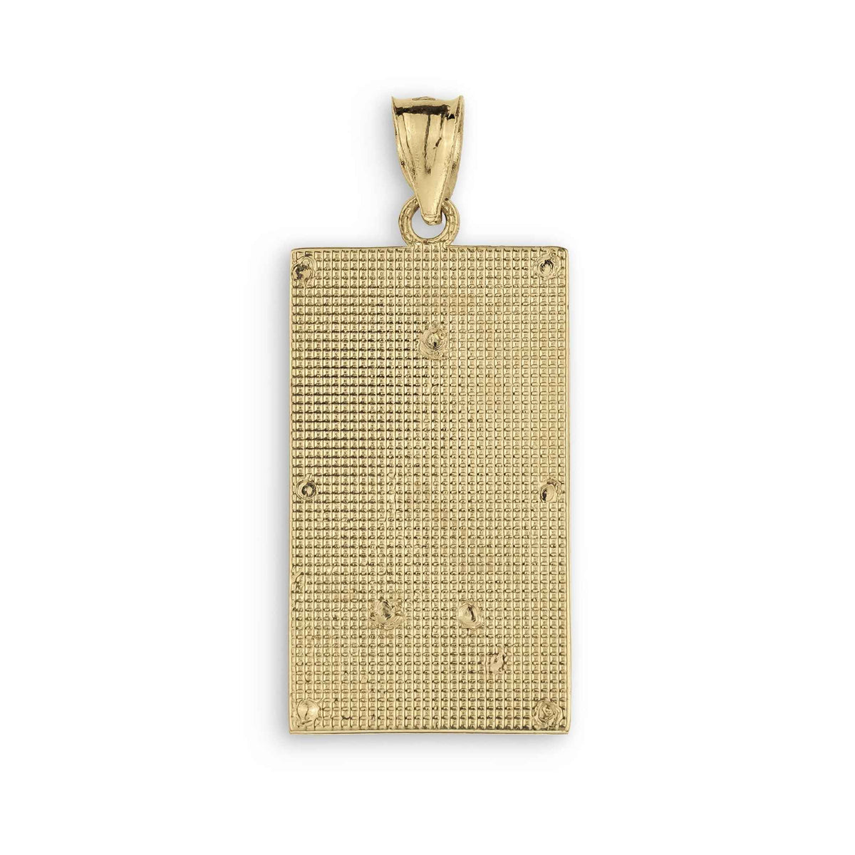 Reverse side of a rectangular gold pendant featuring a textured grid pattern and bail.