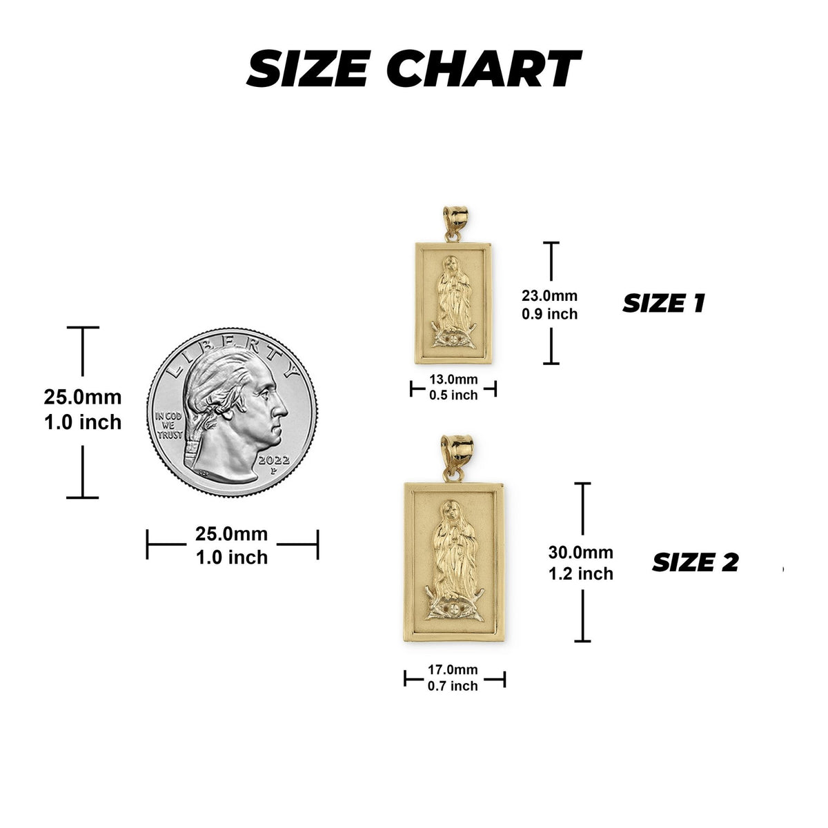 Size chart comparing two gold rectangular pendants to a U.S. quarter coin.