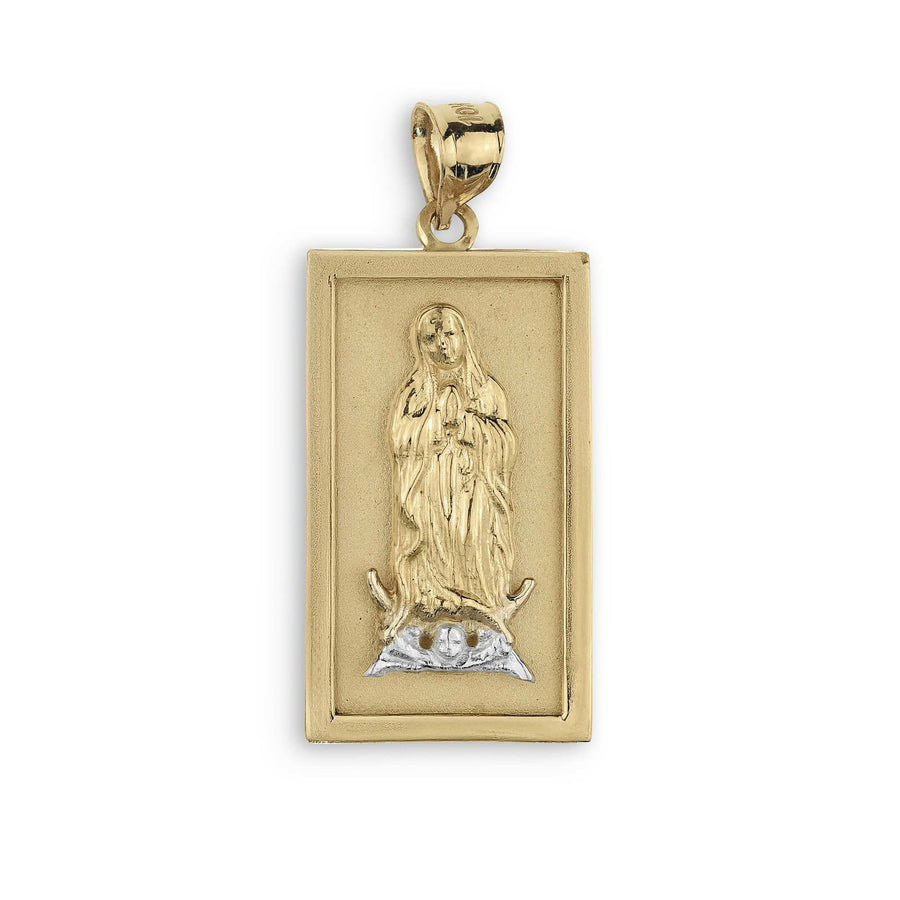 Rectangular gold pendant featuring the Virgin Mary with a silver-toned base on white background.