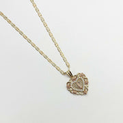 Tri-color gold Virgin Mary heart pendant necklace with rose gold flowers and CZ halo.